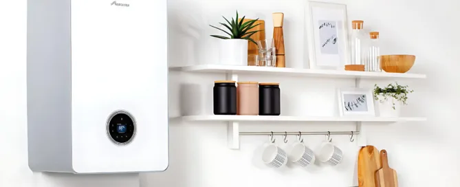 Boiler replacement with energy-efficient system and grant information.