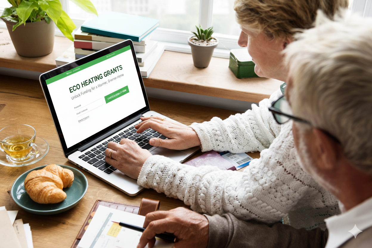 Homeowners using the ECO Heating Guide website to apply for free ECO4 scheme grants and energy-saving home upgrades.